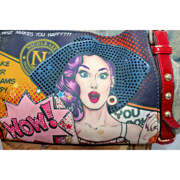 "WOW" Denim Pop Art Denim Duffel Shoulder Bag - Nicole Lee - Punk Grunge Graphic - Picture 3 of 14